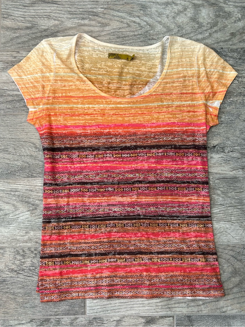 Prana Short-Sleeve Striped Gradient Tee in Pink, Orange & Cream